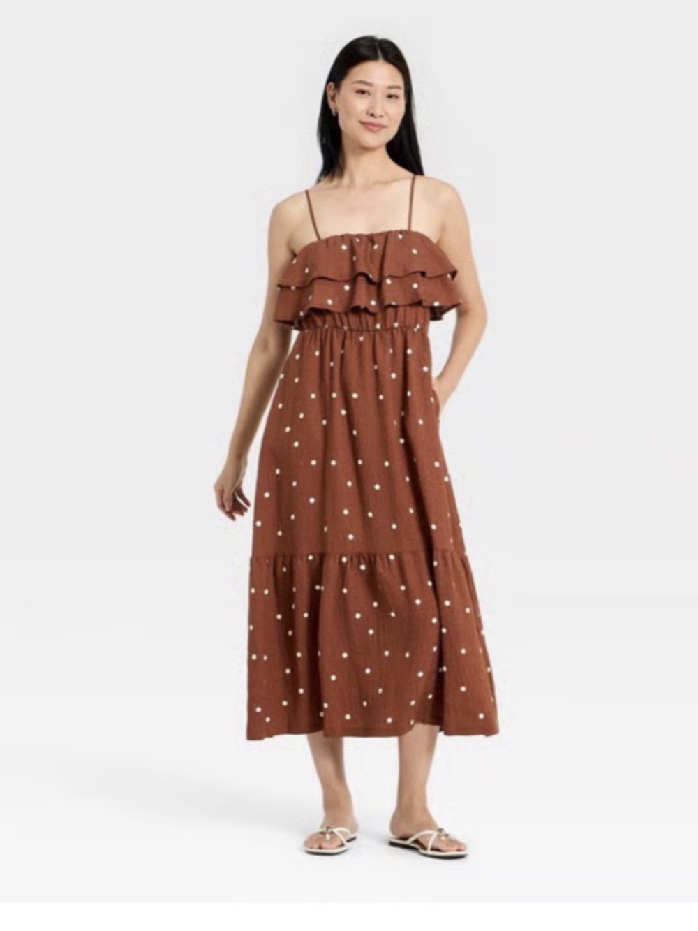 A New Day Women's Sleeveless Ruffle Maxi A-Line Dress Brown Polka Dots